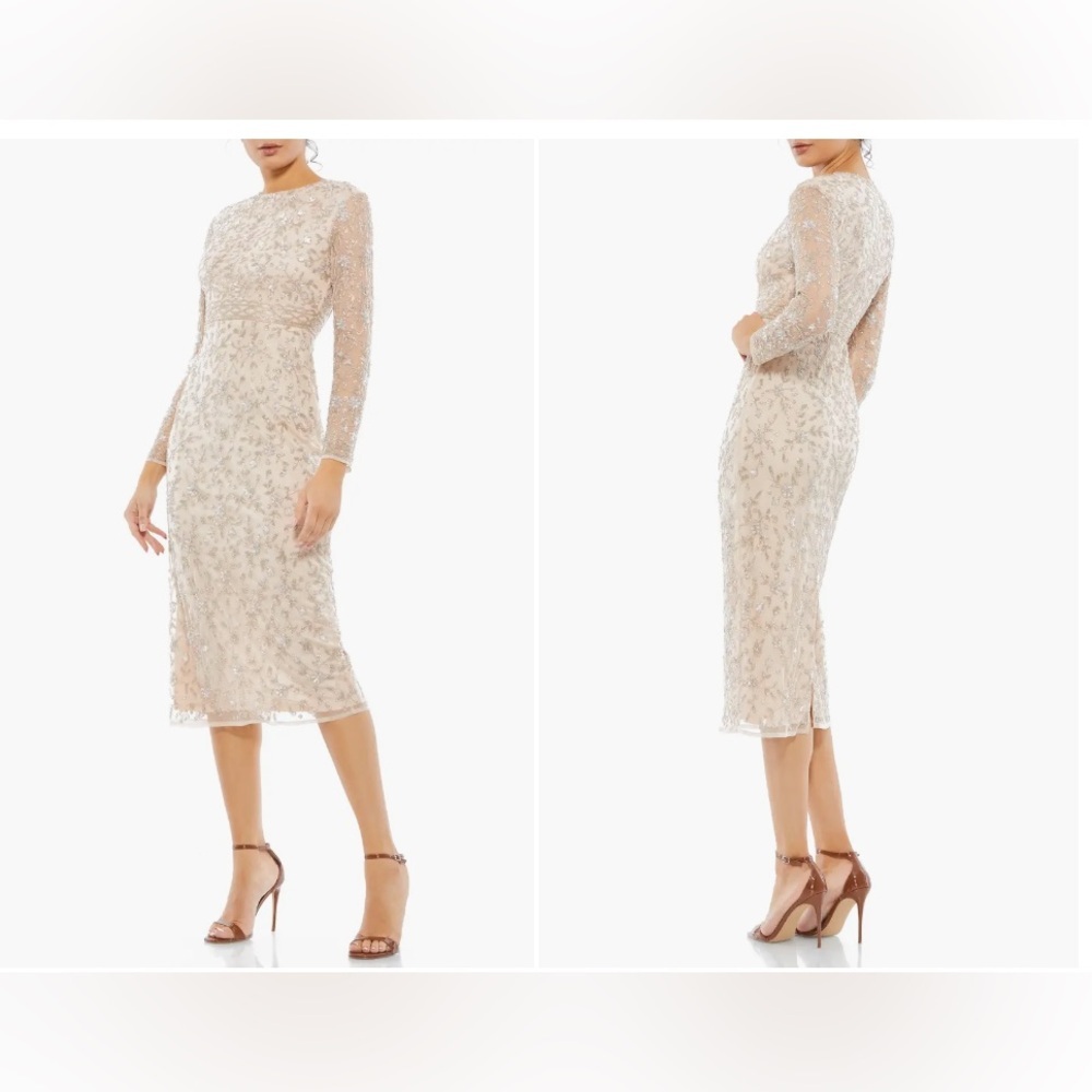 Mac Duggal Beige Beaded Tea Length Dress w/ Sheer Sleeves